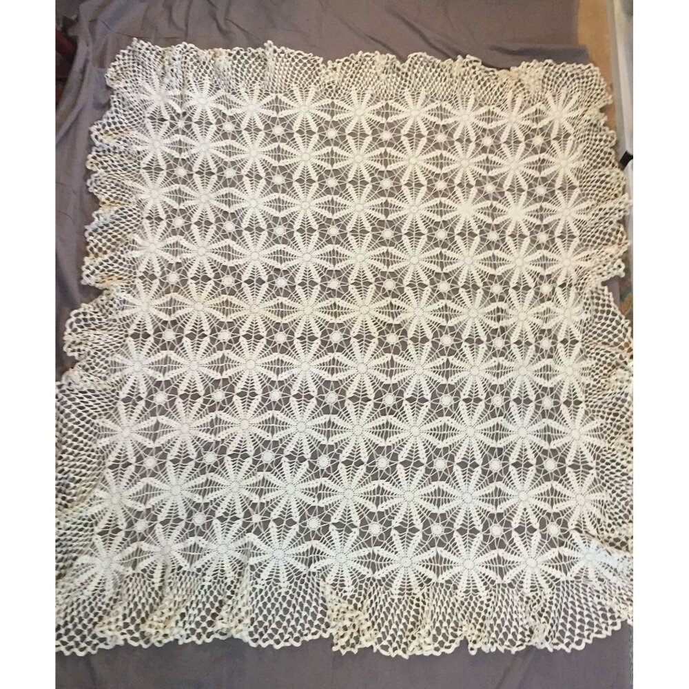 Lace Tablecloth Handmade Crochet  62" Sq Ivory Cotton Farmhouse Cottagecore